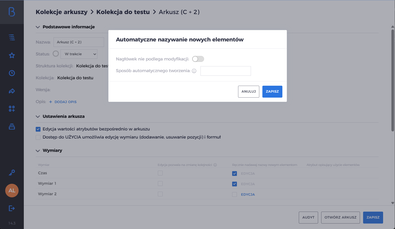 Strona, na której widać możliwość dodania automatycznych nazw dla nowych elementów